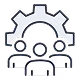 Icon showing three people with a gear behind them, symbolizing teamwork or collaboration.