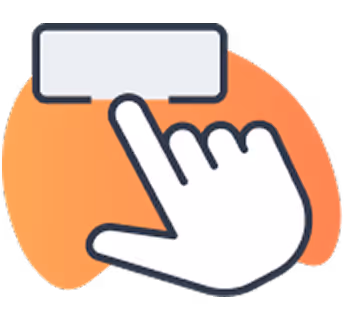 White hand icon with extended index finger pressing a rectangular button on an orange background.