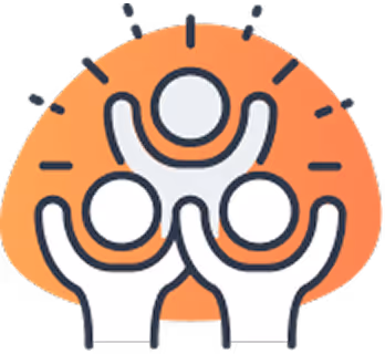 Icon of three stylized figures with raised arms in front of an orange abstract shape, representing a team or group.