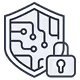 Shield with circuit lines symbolizing cybersecurity and a padlock representing security.