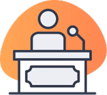 Icon of a person speaking at a podium with a microphone and an orange abstract background shape.