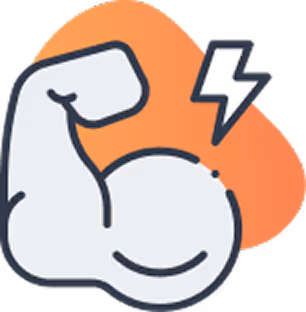 Icon of a flexed arm muscle with a lightning bolt symbol on an orange abstract background.