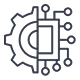 Icon combining a gear on the left with circuit lines and nodes on the right, symbolizing AI technology integration.