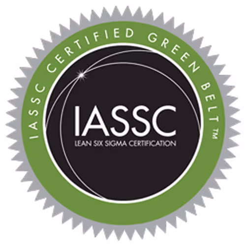 IASSC Certified Green Belt Lean Six Sigma certification badge with a green ring and silver starburst edge.