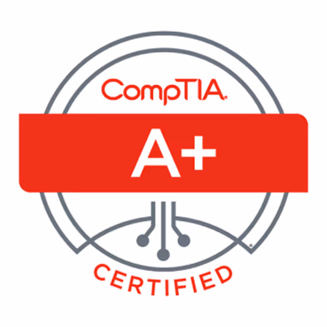CompTIA A+ Certified logo with red text and a circular circuit design.