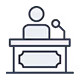 Icon of a person speaking at a podium with a microphone and signplate.