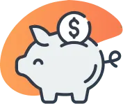 Illustration of a white piggy bank with a coin featuring a dollar sign dropping into it, set against an orange curved background.