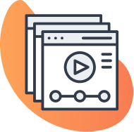 Three overlapping browser windows with a play button and a video progress bar on an orange background.