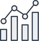 Bar chart with five bars of varying heights connected by a line graph with circular points.