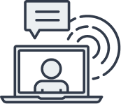 Icon of a person on a laptop screen with a speech bubble and Wi-Fi signal, representing online communication or video call.
