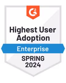 G2 award badge for Highest User Adoption in Enterprise category, Spring 2024.