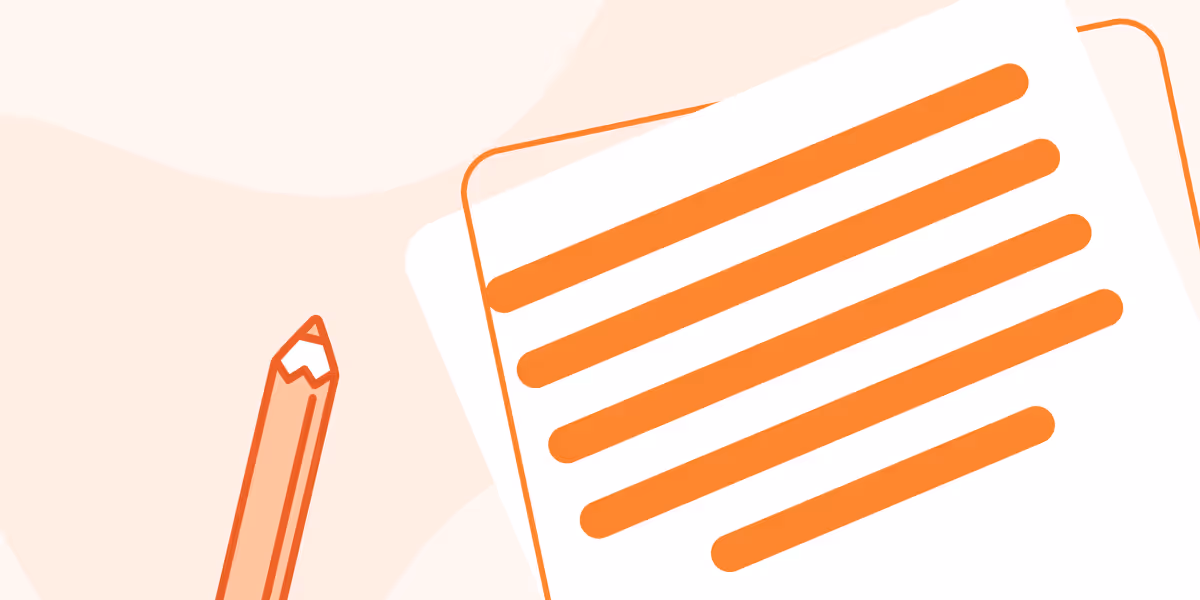 Illustration of an orange pencil pointing toward a sheet of paper with orange horizontal lines.