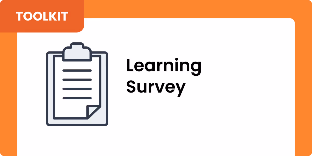 Icon of a clipboard with paper next to the text 'Learning Survey' on a white background with an orange border and a label reading 'TOOLKIT'.