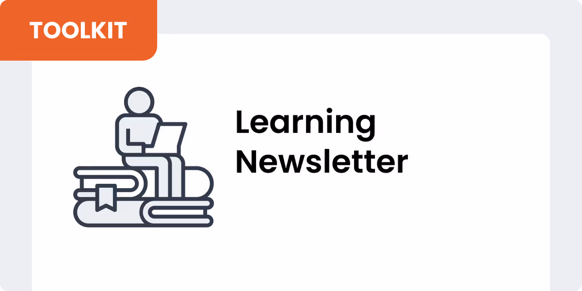 Illustration of a person sitting on stacked books using a laptop next to the text Learning Newsletter with an orange label reading TOOLKIT.
