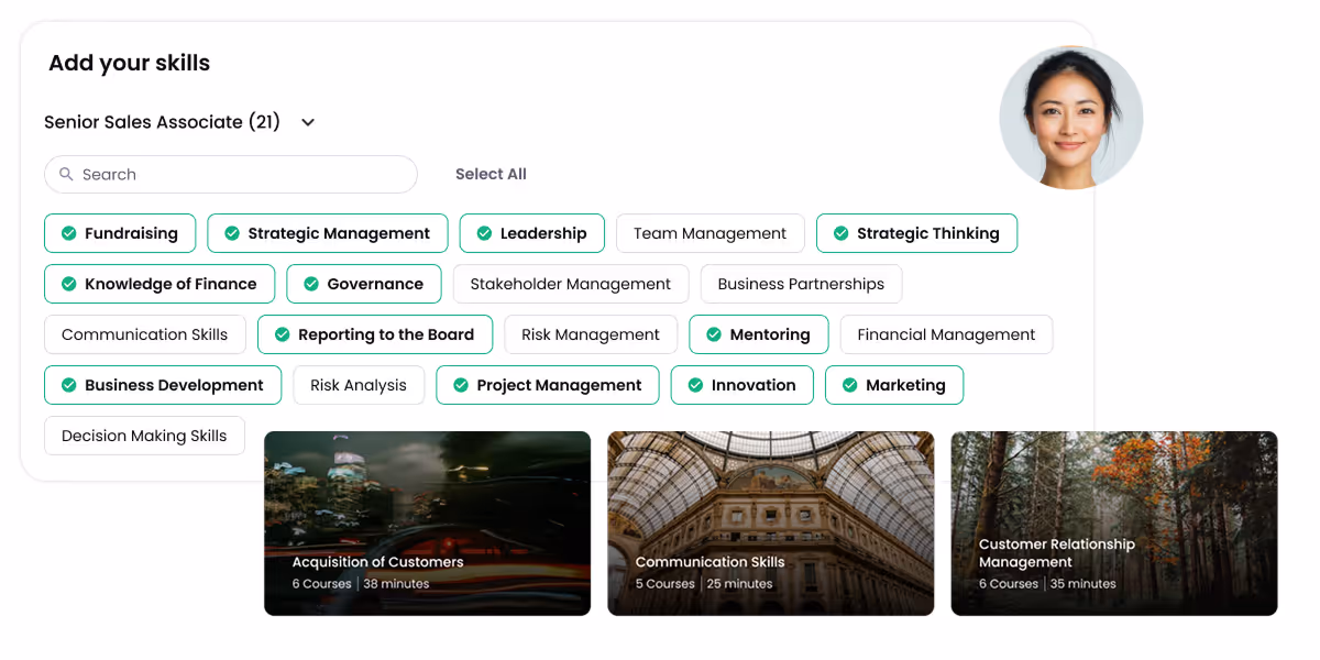 Skill selection interface for Senior Sales Associate role showing selected skills like Fundraising, Strategic Management, Leadership, and others, with course cards for Acquisition of Customers, Communication Skills, and Customer Relationship Management.