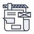 Icon showing construction blueprint with a crane and various design elements.