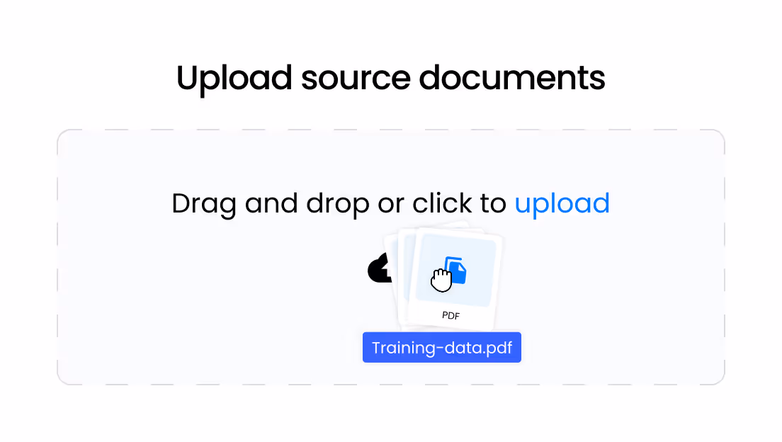 Upload source documents interface showing drag and drop area with a PDF file named Training-data.pdf being uploaded.