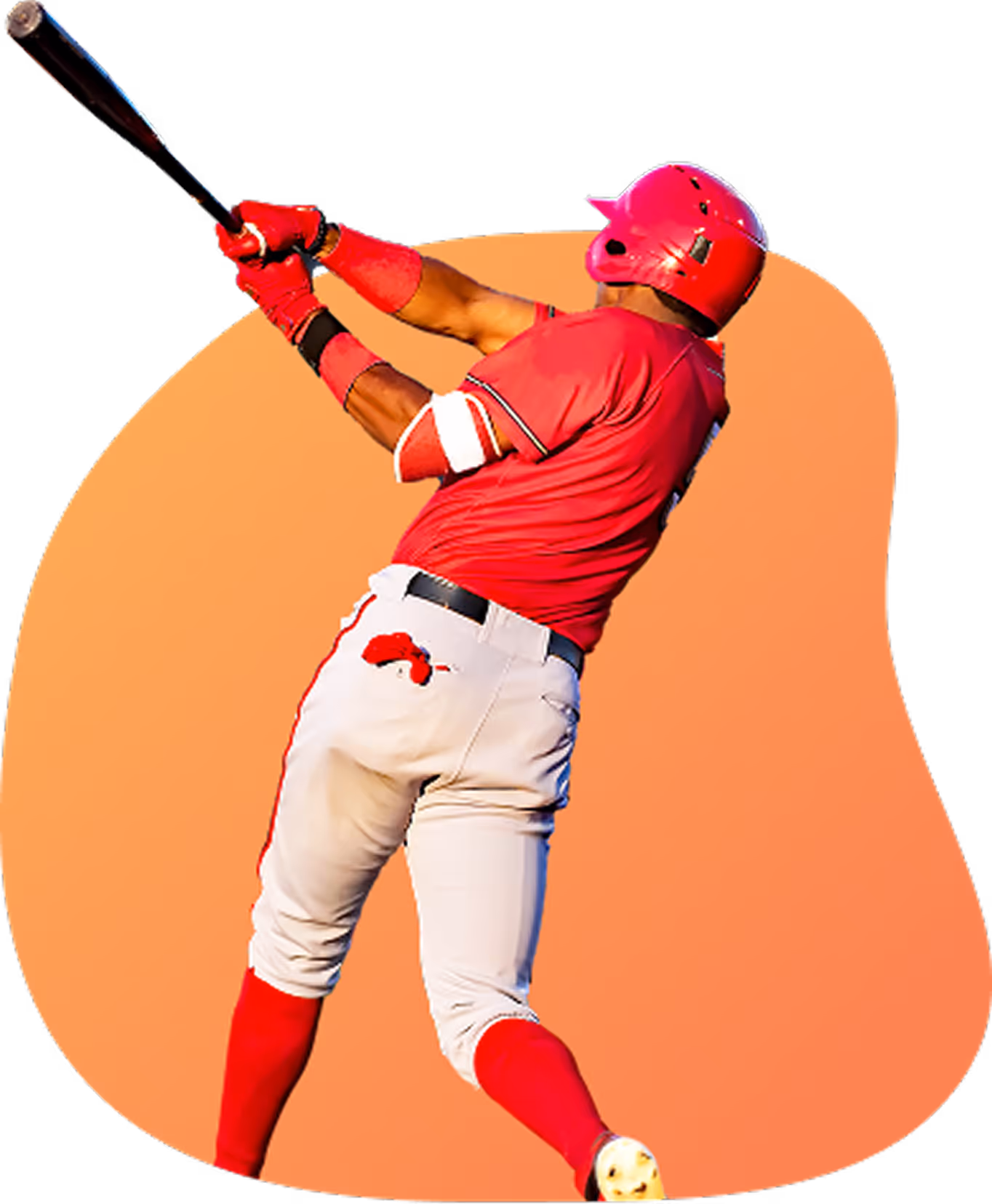 Baseball player in red jersey and helmet swinging bat, facing away.