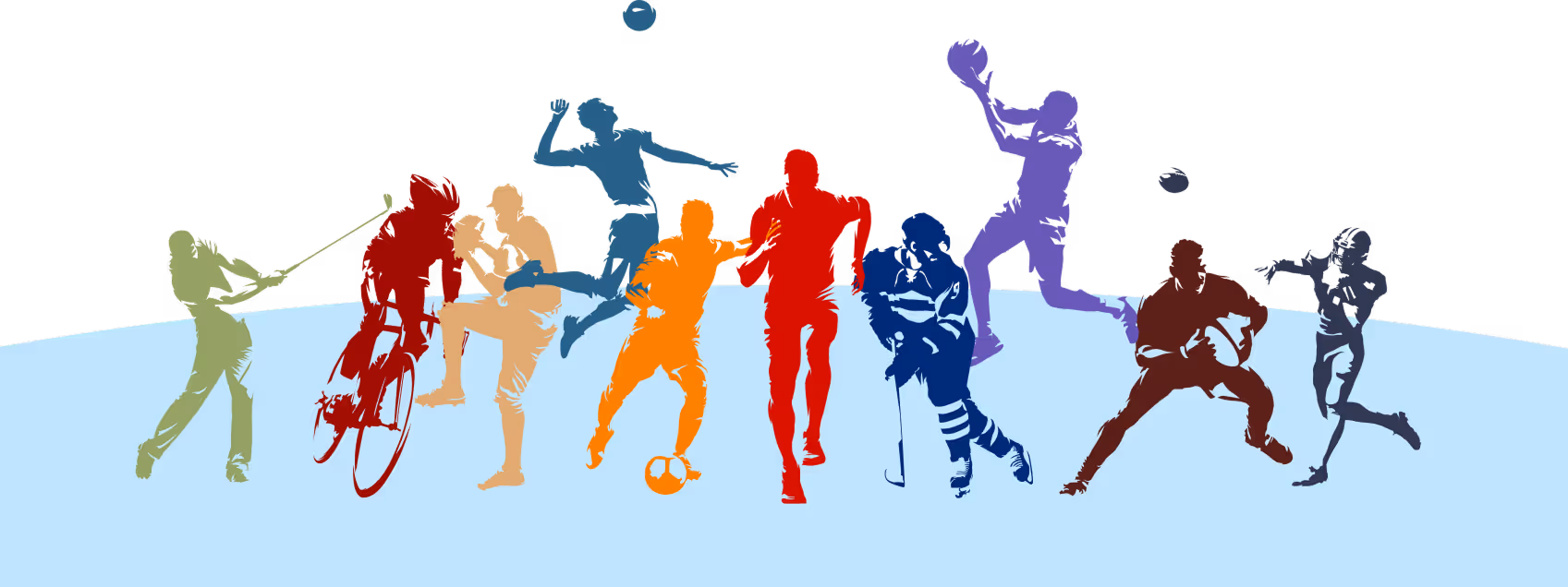 Colorful silhouettes of athletes engaging in various sports including golf, cycling, boxing, basketball, soccer, running, ice hockey, football, and tennis on a light blue background.