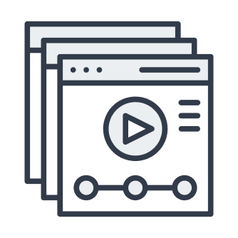 Icon of three overlapping web pages with a play button and a progress timeline.
