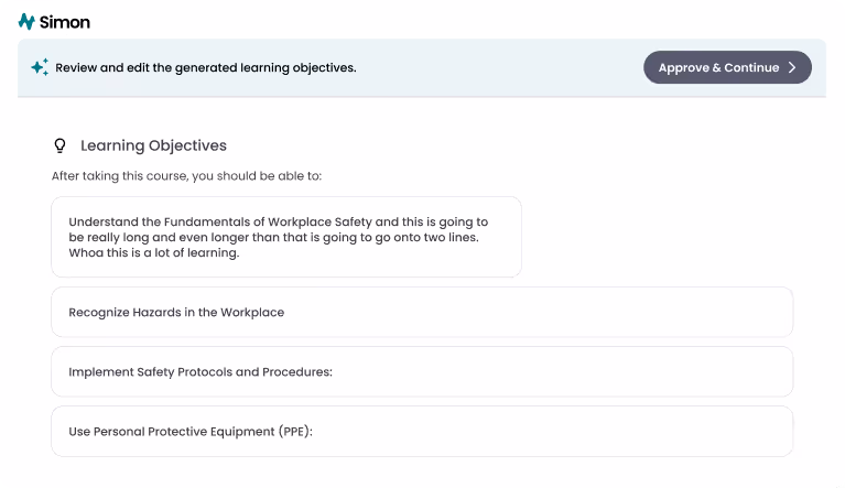 Simon platform interface showing a course section titled Learning Objectives with editable objectives about workplace safety fundamentals, hazards, safety protocols, and PPE.