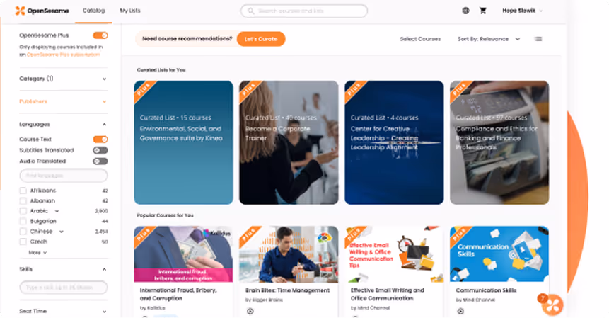 OpenSesame course catalog webpage showing curated lists and popular courses with filter options on the left sidebar.
