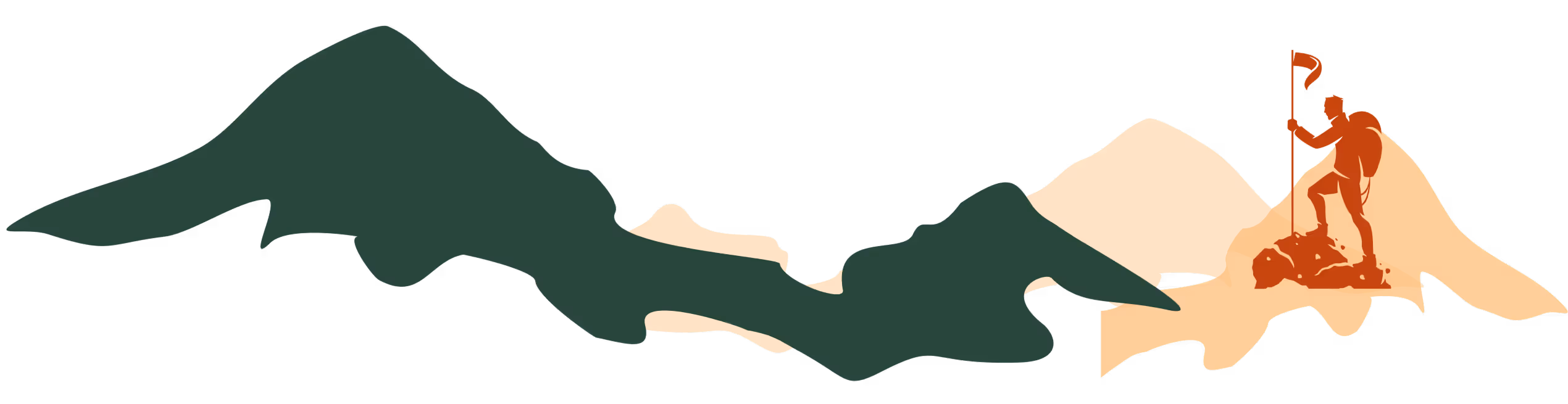 Silhouette of a hiker with a backpack and a flag standing on a mountain peak with abstract green and beige mountain shapes in the background.