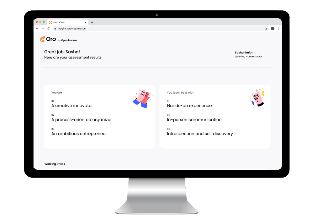 Computer screen showing assessment results for Sasha Smith with traits: creative innovator, process-oriented organizer, ambitious entrepreneur; and best learning methods: hands-on experience, in-person communication, introspection and self discovery.