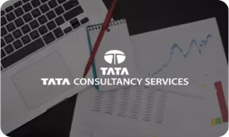 Tata Consultancy Services logo overlaying a workspace with a laptop and financial documents featuring charts and data.