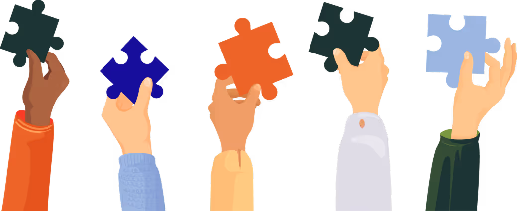 Illustration of five diverse hands holding up different colored puzzle pieces against a black background.