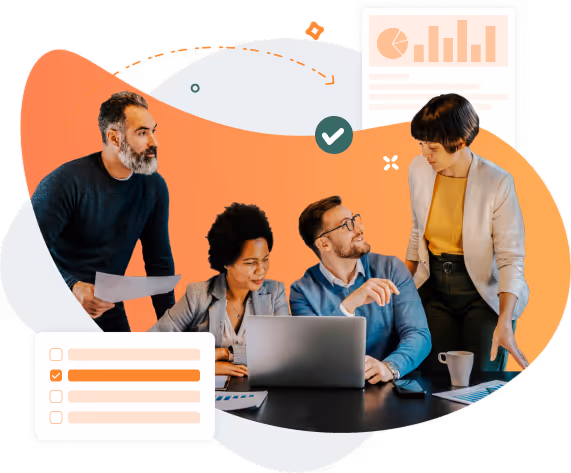 Group of four professionals collaborating around a laptop and documents with digital charts and checklists overlay.