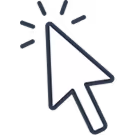 White computer cursor arrow with black outline and small black lines indicating a click action.