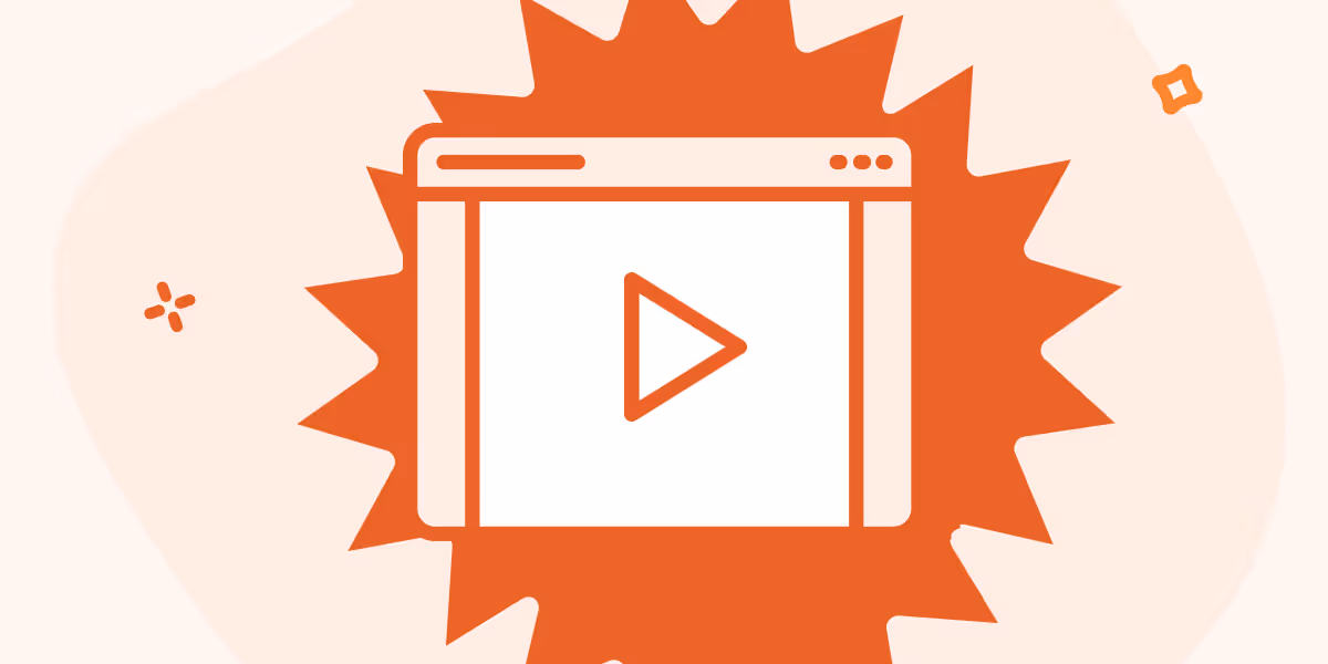 Orange stylized web browser window with play button icon in the center against a spiked orange burst background.