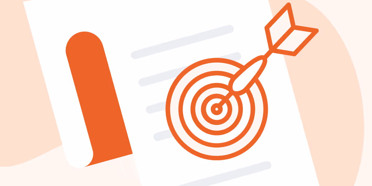 Illustration of a dart hitting the bullseye on a target over a piece of paper, symbolizing goal setting.