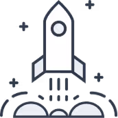 Icon of a rocket ship launching with smoke at the base.