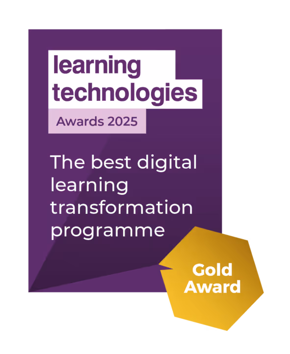 Learning Technologies Awards 2025 badge for The best digital learning transformation programme with a Gold Award emblem.