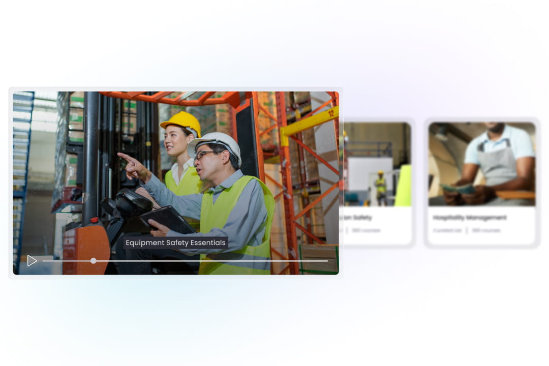 Course player showing Equipment Safety Essentials, with warehouse workers in safety gear beside a forklift