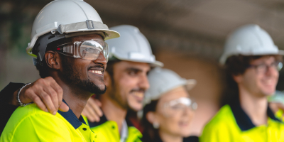 Construction workers in hard hats and high-visibility vests