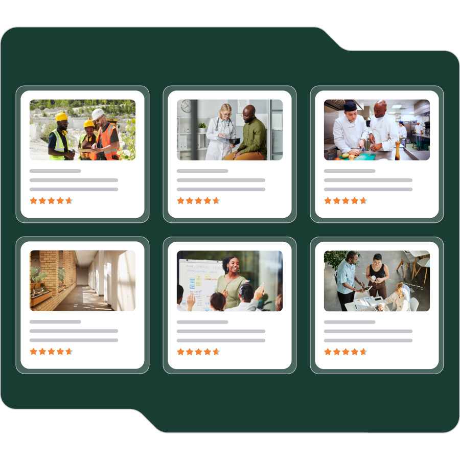 Rated course cards covering construction, healthcare, food service, and workplace topics