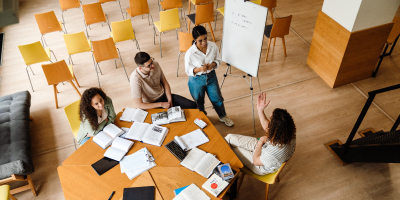 Overhead view of a team workshop around a table with a whiteboard