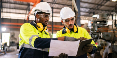 Two workers in hard hats and safety vests reviewing plans on a factory floor