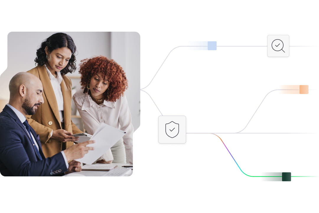 Three colleagues reviewing documents, connected to a diagram of integrated systems