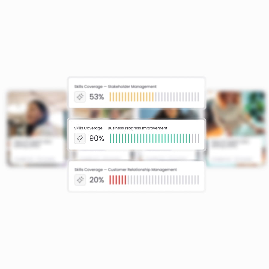 Skills coverage chart showing 53% stakeholder management, 90% business process improvement, and 20% customer relationship management