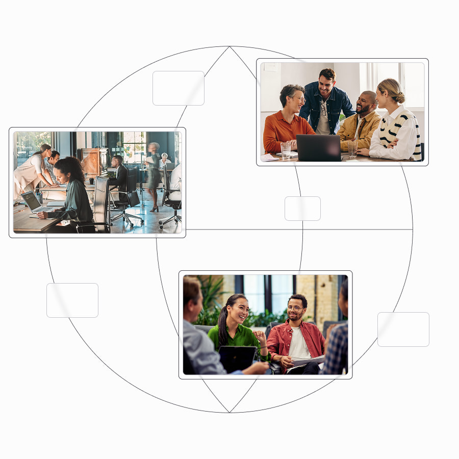 Photos of colleagues in conversation around a circular diagram, representing AI Coach practice scenarios