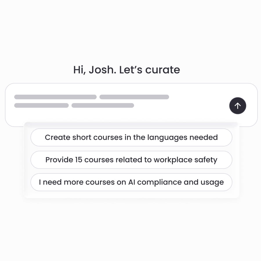 Curation Assistant prompt screen with suggested requests, such as finding 15 workplace safety courses