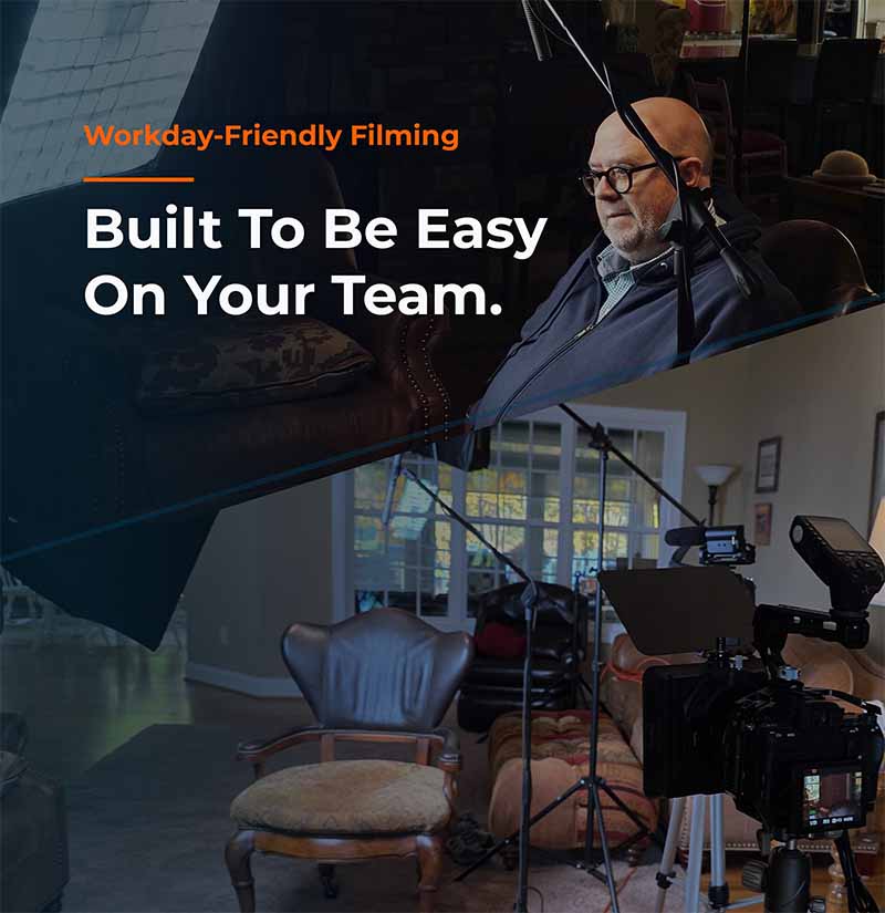 On-site video production setup with camera, lighting, and interview subject