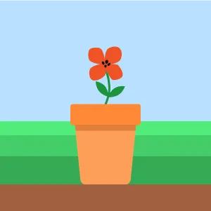 A red flower growing from a plant pot with grass in the background