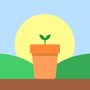 A sprout growing from a plant pot with hills and the sun in the background