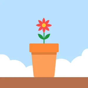 A flower growing from a plant pot with clouds in the background