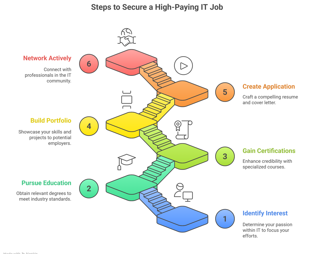 Infographic showing six steps to get a high-paying IT job: identify interest, pursue education, gain certifications, build portfolio, create application, and network actively.
